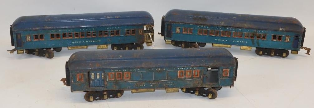 Group of 3 American Flyer Limited Tin Litho Passenger Cars (Blue): 19" x 3.5" x 5" each