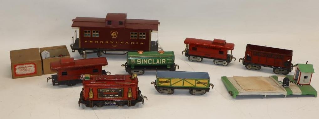 Group of 9 American Flyer and Large Scale P.R.R. Trains and Accessories: largest 12" x 4" x 7"