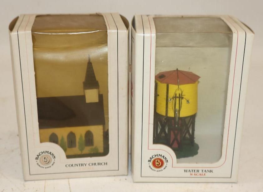 Group of 2 Country Church and Water Tank N Scale Model Train Buildings In Original Boxes: 4" x 3" x 6.25" each