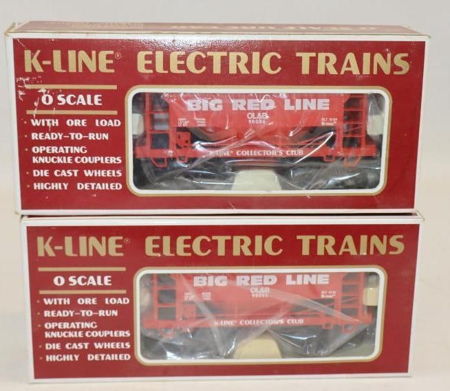 Group of 2 K Line 0 Scale Big Red Line Hopper Cars In Original Boxes: 10" x 5" x 3" each