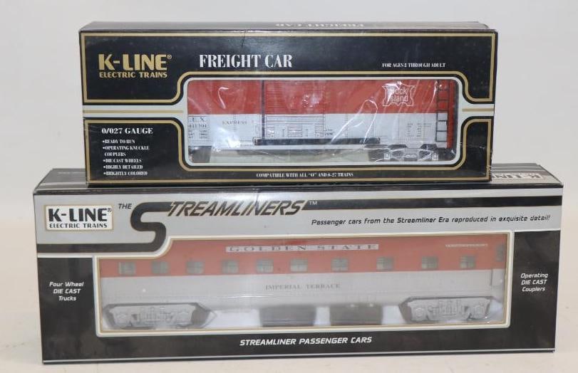 Group of 2 K Line 0 Gauge Golden State Passenger Car and Rock Island Freight Cars In Original Boxes: largest 15" x 5" x 2.5"