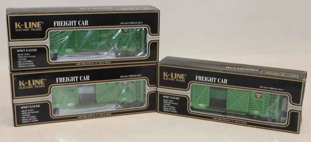 Group of 3 K Line CB&Q Classic Stock Train Cars in Original Boxes: 11.5" x 4.25" x 2.5" each