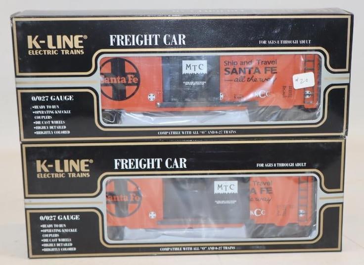 Group of 2 K Line Santa Fe Steel Sided Stock Train Cars in Original Boxes: 11.5" x 4.25" x 2.5" each