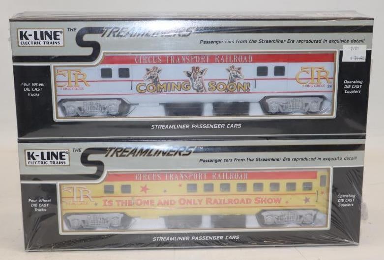 Group of 2 K Line Streamliners CTR Circus Train Cars in Original Boxes: 15" x 10" x 3" each
