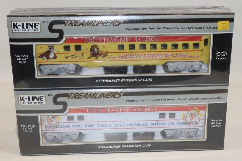 Group of 2 K Line Streamliners CTR Circus Train Cars in Original Boxes: 15" x 10" x 3" each