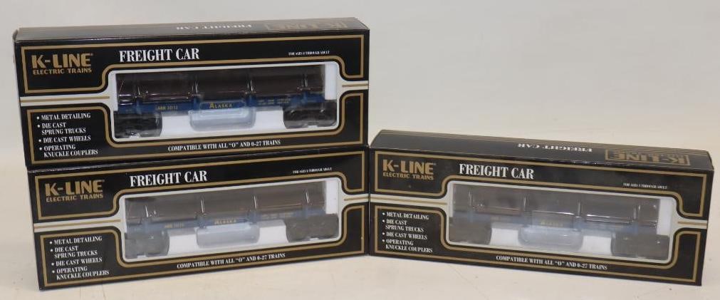 Group of 3 K Line Alaska Skeleton Log Train Cars in Original Boxes: 14.5" x 5" x 3" each