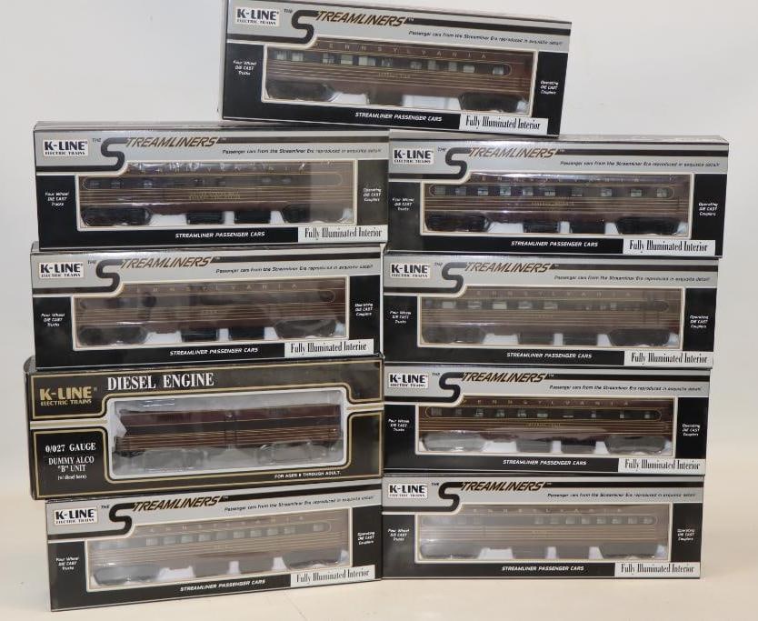 Group of 9 K Line Pennsylvania Fleet of Modernism Train Cars in Original Boxes: largest 15" x 5" x 2.5"