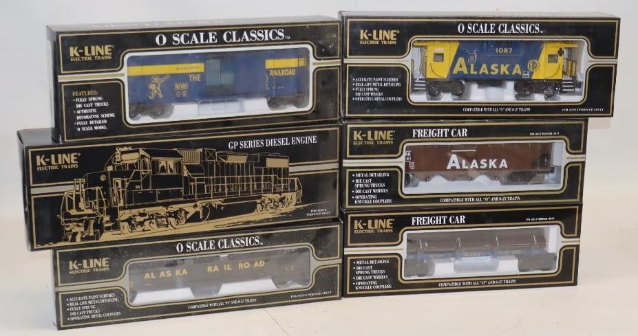 Group of 6 K Line Alaska O Scale Classic Train Cars in Original Boxes: largest 17" x 4" x 6"
