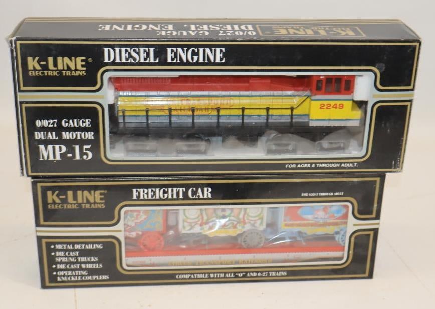 Group of 2 K Line CTRR Deisel Engine and Freight Car in Original Boxes: largest 15.5" x 6" x 3"