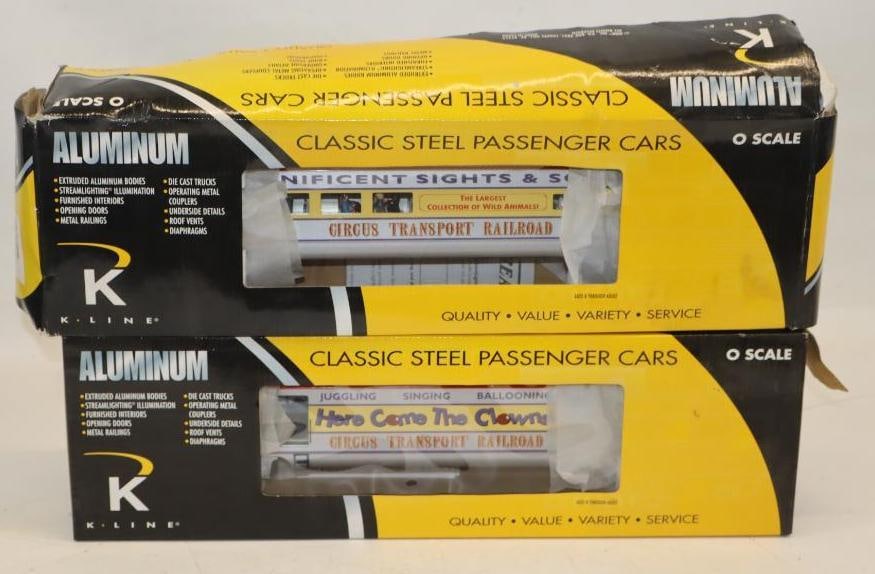 Group of 2 K Line Classic Steel Circus Passenger Cars in Original Boxes: 20.5" x 6" x 4" each, both boxes show water damage