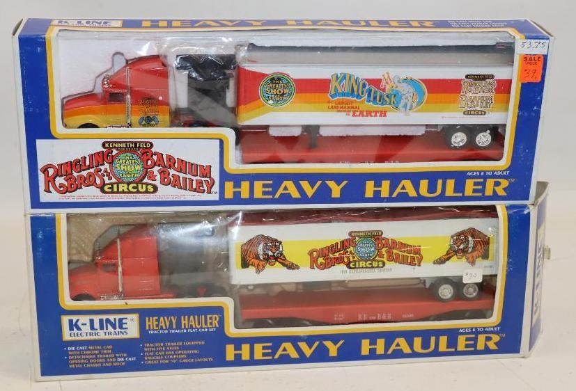 Group of 2 K Line Heavy Hauler Train Cars in Original Boxes: 17" x 3" x 6" each