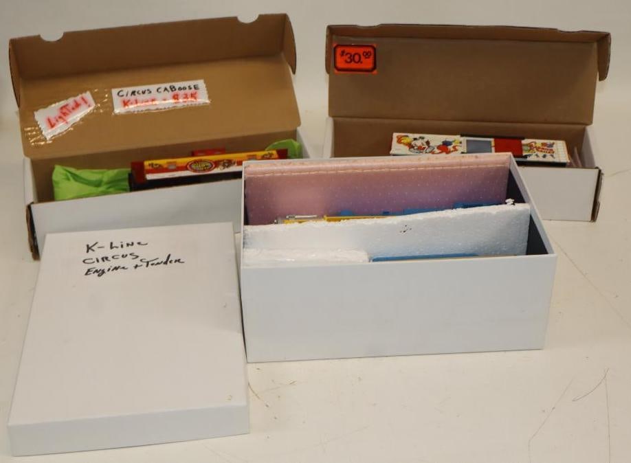 Group of 4 K Line Ringling Bros Circus Engine Tender Box Car and Caboose: largest 11" x 3" x 2.5"