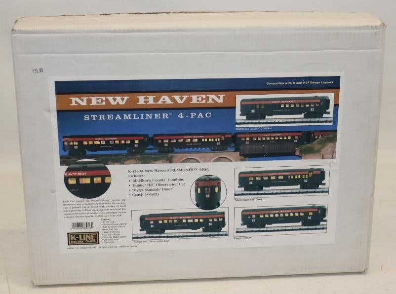 Group of 4 K Line New Haven Streamliner Passenger Car Set in Original Box: 21" x 16" x 3.5"
