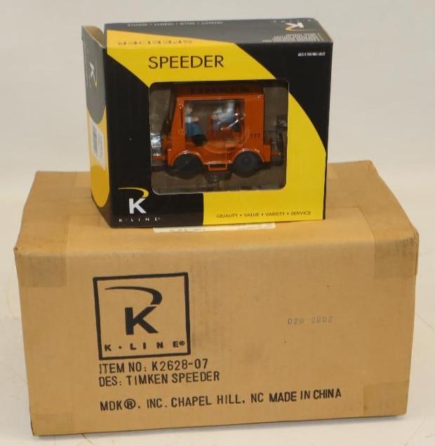 Group of 5 K Line Timken Speeder Train Cars in Original Boxes: 7" x 6" x 3", 4 are in an unopened case.