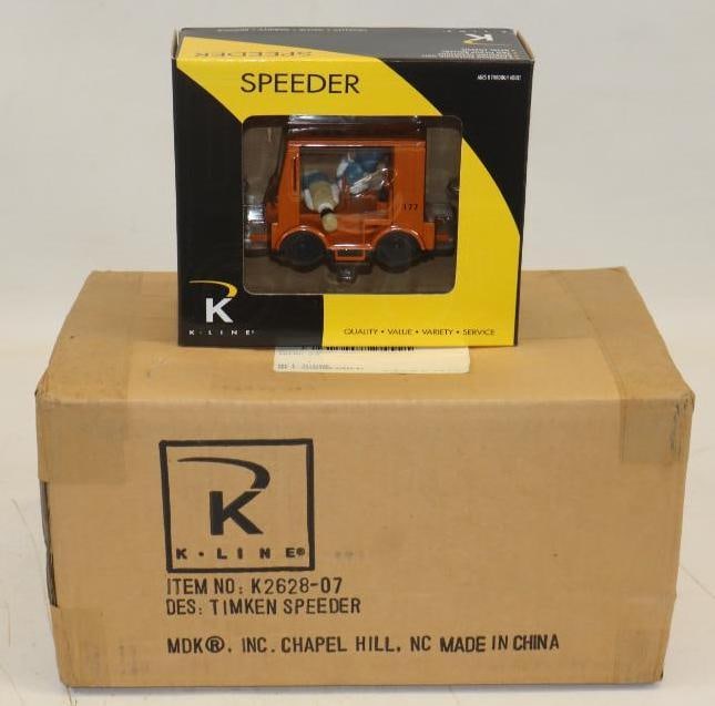 Group of 5 K Line Timken Speeder Train Cars in Original Boxes: 7" x 6" x 3", 4 are in an unopened case.