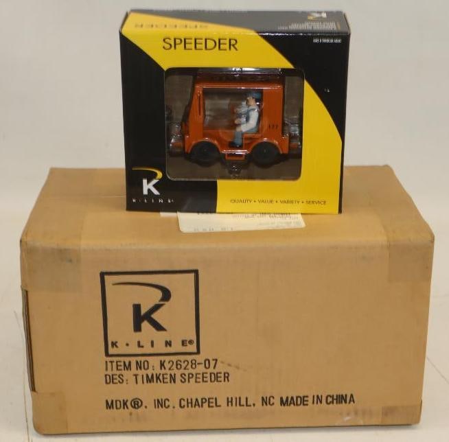 Group of 5 K Line Timken Speeder Train Cars in Original Boxes: 7" x 6" x 3", 4 are in an unopened case.