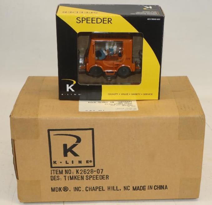Group of 5 K Line Timken Speeder Train Cars in Original Boxes: 7" x 6" x 3", 4 are in an unopened case.
