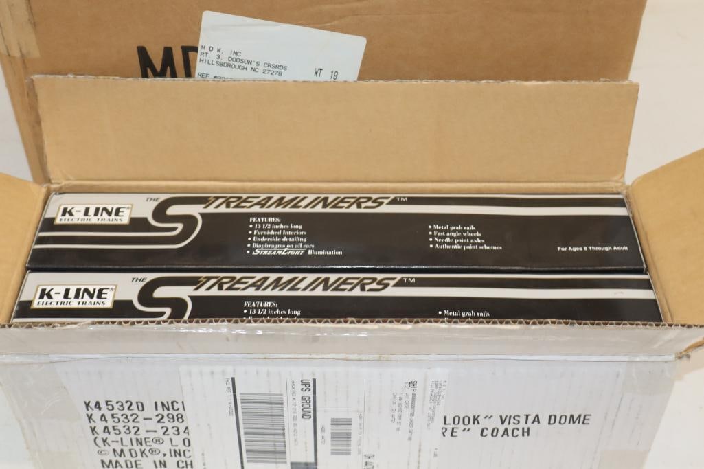 Group of 8 K Line PRR Fleet of Modernism Pullman Passenger Cars in Original Box: 12" x 16" x 12"