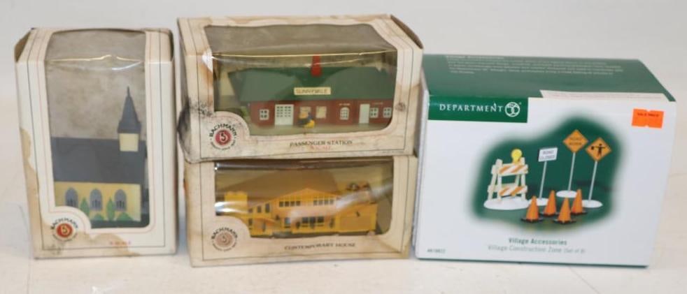 Group of 4 Railroad Scale Model Buildings and Accessories in Original Boxes: largest 5" x 7" x 5"
