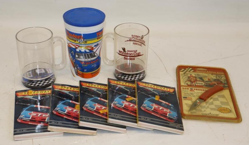 Group of 9 1990's Racing Memorabilia Price Guides, Cups, and Pocket Knife: Largest is 9.5" x 5.5"