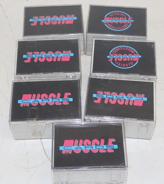 Group of 7 1992 Muscle Car Trading Card Sets in Plastic Cases: 2.5" x 3.5" x 2" each