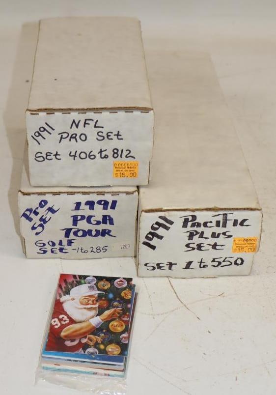Group of 3 1991 NFL Pro Set, PGA Tour, and Pacific Plus NFL Boxes of Trading Cards: 14.5" x 4" x 3" is the largest