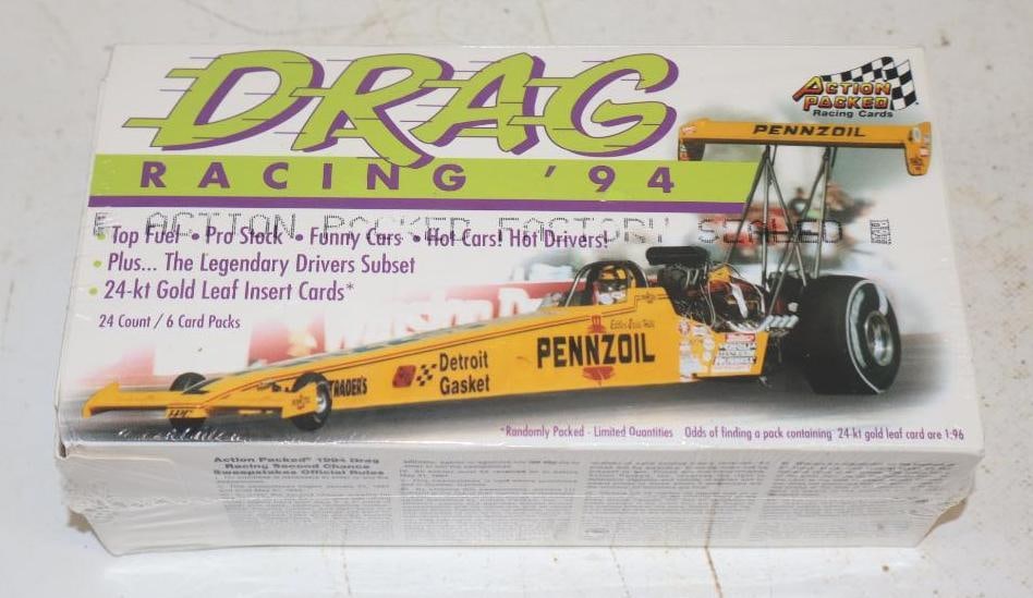 Unopened Box of 24 Packs of 1994 Action Packed Drag Racing Cards: 8" x 4" x 2.5"