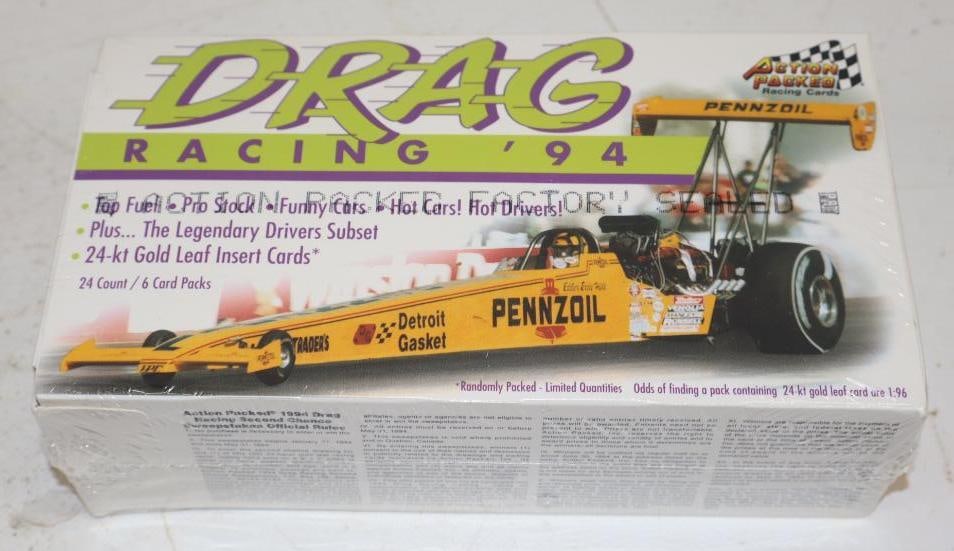 Unopened Box of 24 Packs of 1994 Action Packed Drag Racing Cards: 8" x 4" x 2.5"