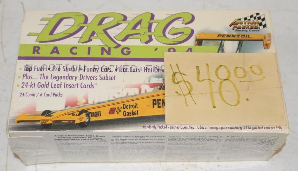 Unopened Box of 24 Packs of 1994 Action Packed Drag Racing Cards: 8" x 4" x 2.5"