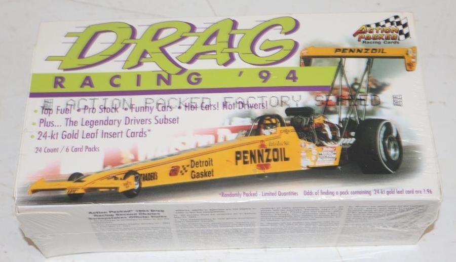 Unopened Box of 24 Packs of 1994 Action Packed Drag Racing Cards: 8" x 4" x 2.5"
