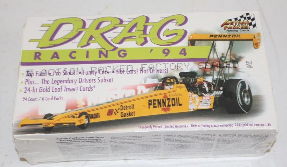 Unopened Box of 24 Packs of 1994 Action Packed Drag Racing Cards: 8" x 4" x 2.5"