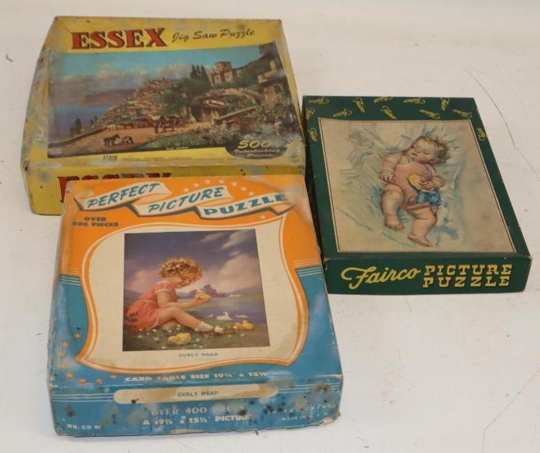Group of 3 Early Childrens Jigsaw Puzzles with Original Boxes: Largest is 11" x 10" x 2"