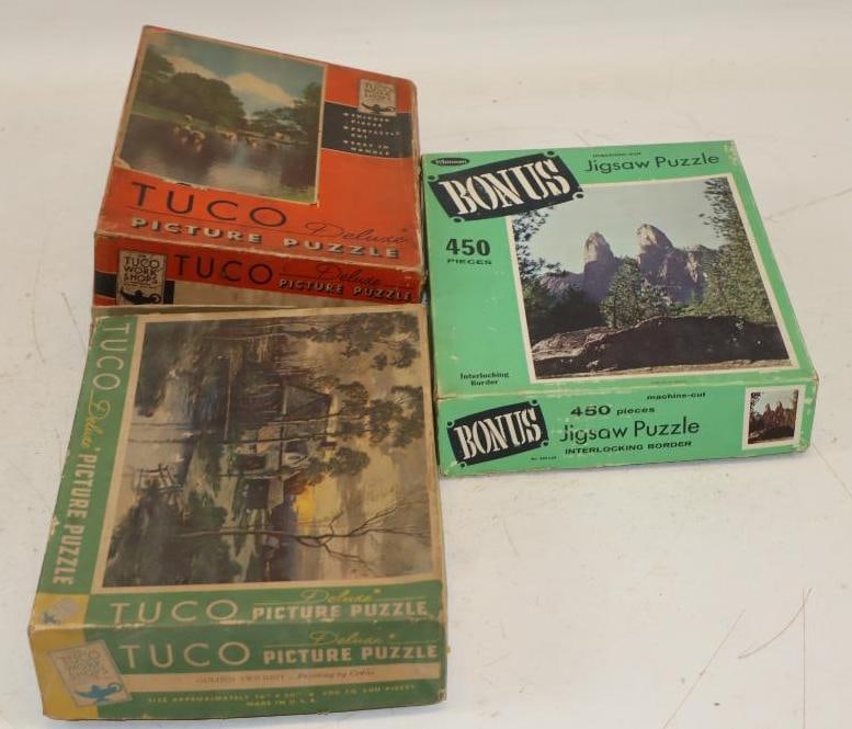 Group of 3 Early Childrens Jigsaw Puzzles with Original Boxes: Largest is 8" x 10" x 2"