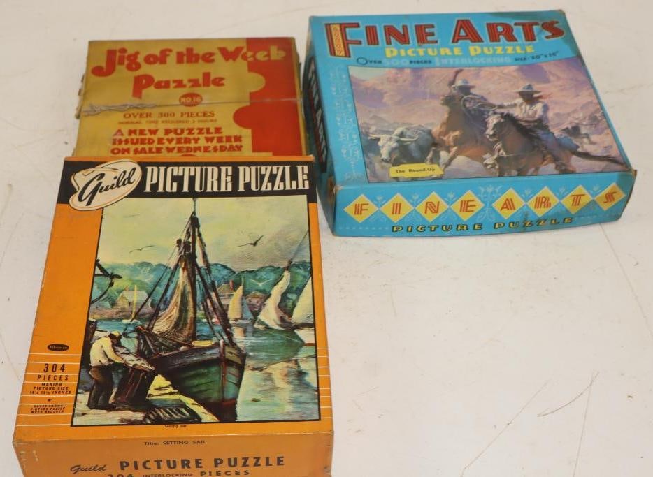 Group of 3 Early Childrens Jigsaw Puzzles with Original Boxes: Largest is 10" x 7.5" x 2"