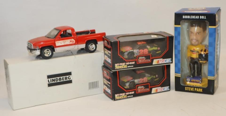 Group of 4 1990s 1/43 Scale Diecast Stock Cars and Steve Park Bobble Head: Largest is 9" x 5" x 3"