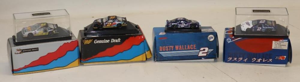 Group of 4 1/64 Scale Diecast Racing Stock Cars with Display Case and Original Boxes: 6" x 3" x 2.5" Some Water Damage to Boxes