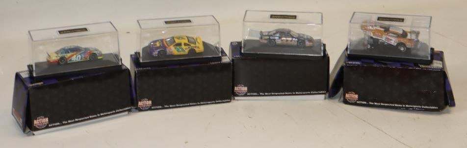 Group of 4 1/64 Scale Diecast Racing Stock Cars with Display Case and Original Boxes: 6" x 3" x 2.5" Some Water Damage to Boxes