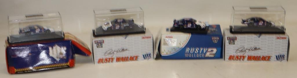 Group of 4 1/64 Scale Diecast Racing Stock Cars with Display Case and Original Boxes: 6" x 3" x 2.5" Some Water Damage to Boxes
