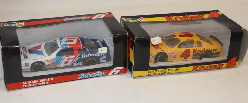 Group of 2 Mark Martin and Sterling Marlin 1/24 Scale Diecast Racing Cars in Original Boxes: 10" x 5" x 4" each