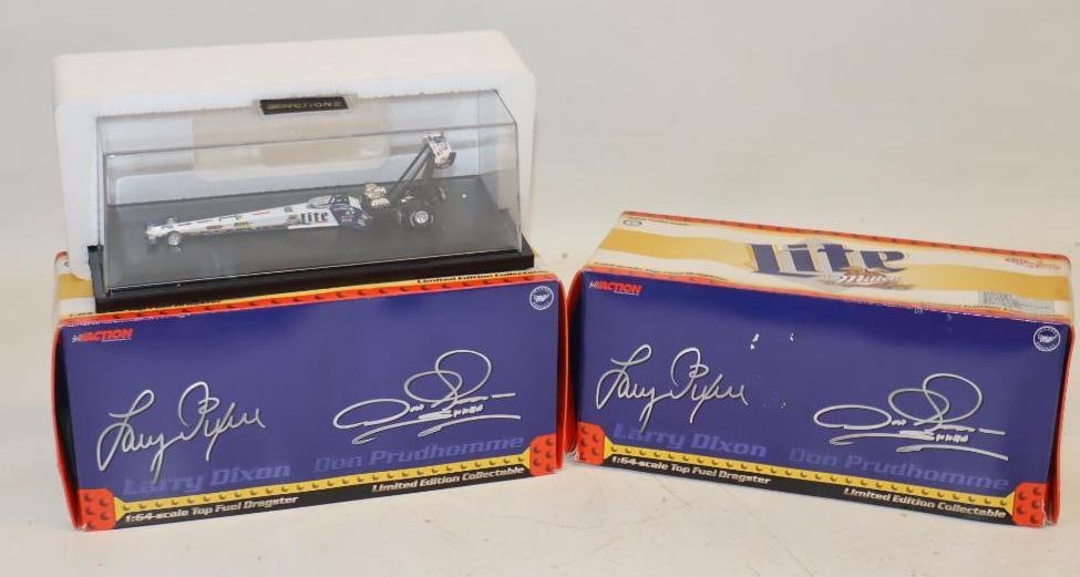 Group of 2 Racing Collectibles Miller Lite Drag Racing Cars with Display Cases in Original Boxes: 9" x 4" x 4" each with some water damage