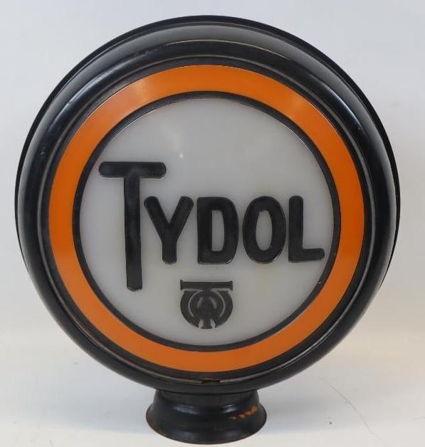 Tydol TWO 15" Cast Milkglass Globe on Metal Body: This is two cast lenses on original metal body. They are both in very good overall condition. The body appears to have excellent original paint. Lenses 15", overall 19" x 18" x 7".