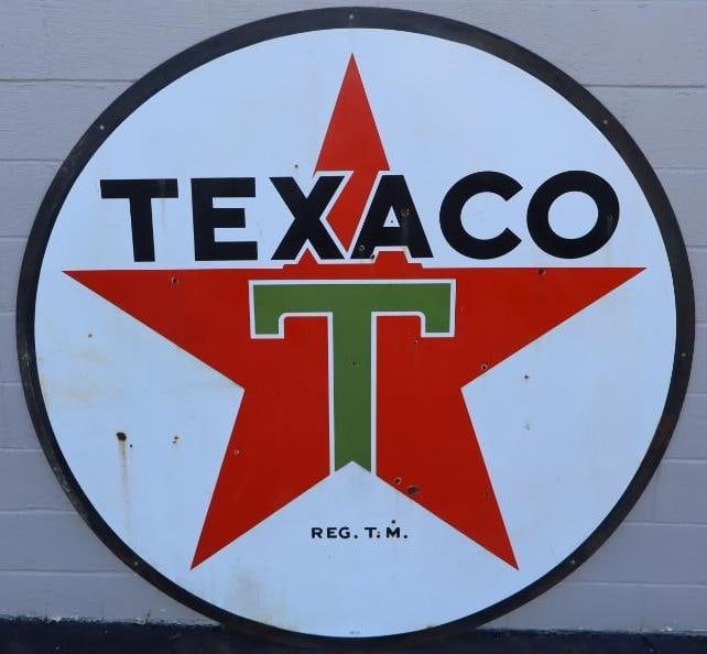 6ft Texaco Service Station Identification Porcelain Sign: This sign is marked 10-51. The display side shows some staining and discoloration as well as several small chips throughout the field. The reverse has much heavier staining and discoloration as well a