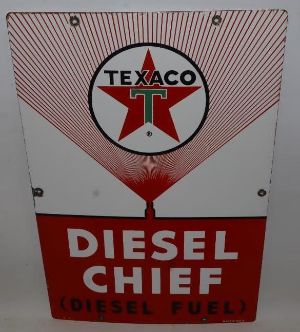 Texaco Diesel Chief Gasoline Porcelain Pump Plate Sign: This sign is in very good overall condition. It has light surface wear and one small chip near a mounting hole. 18" x 12". Graded 9.