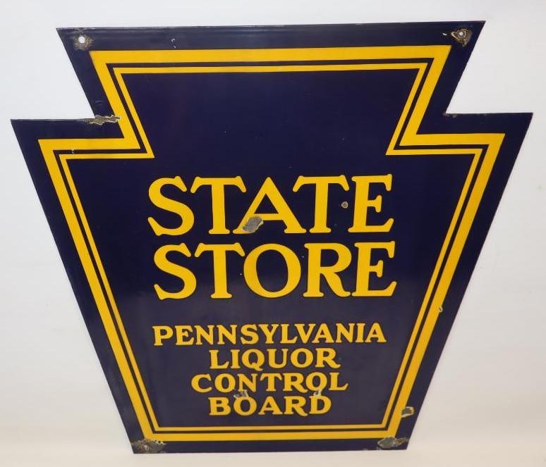 PA Keystone Shaped State Store Liquor Control Board DSP Porcelain Sign: This sign has a few chips throughout the field and near the mounting holes. 30" x 30". Graded 8.