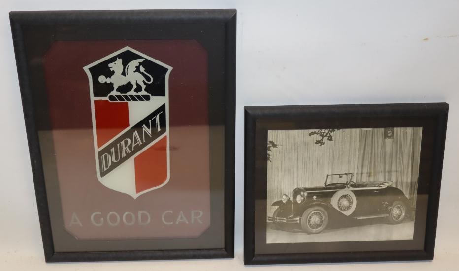 1930-1931 Durant Reverse Painted Glass Showroom Sign with Original Photograph: This is an original glass showroom sign that has been framed and matted. It is accompanied by an 8" x 10" showroom photograph of the 1931 Durant Roadster which shows the sign hanging in the background