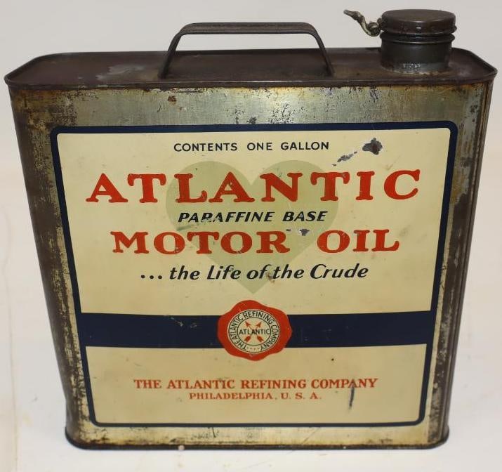 Atlantic Motor Oil 1 Gallon Can: Both sides of this can display well with only light wear. 9.5" x 9" x 3". Graded 8.25.