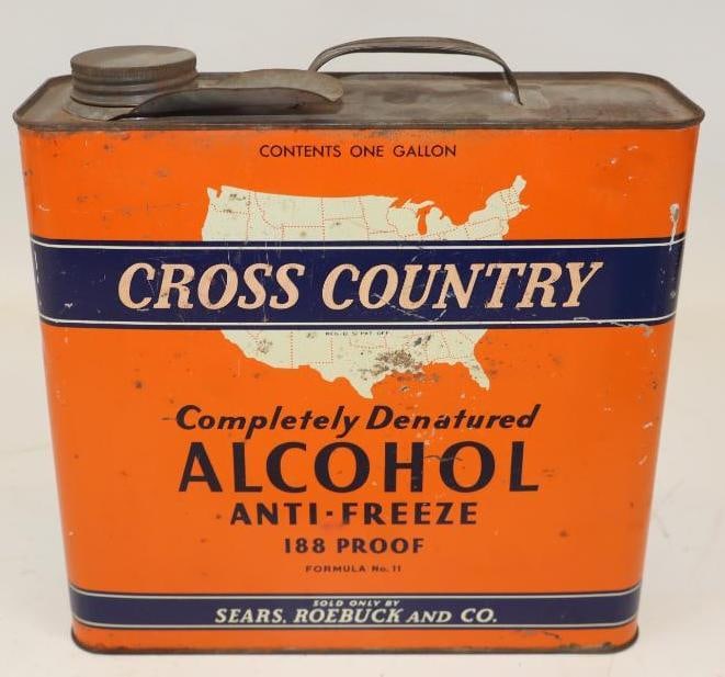Cross Country Antifreeze 1 Gallon Can: This can shows very good color with some slight rust staining to the field. 9.5" x 9" x 3". Graded 8.25.