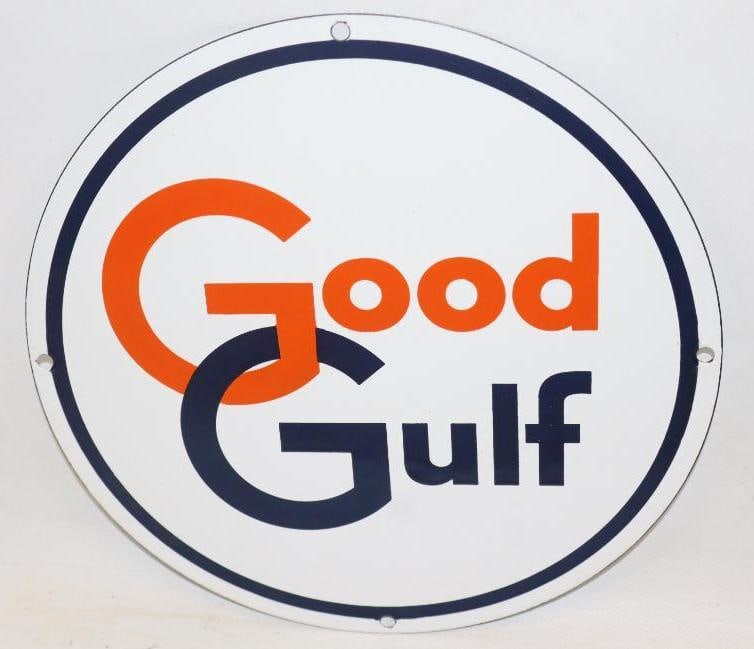 Good Gulf Porcelain Pump Plate Sign: This sign is in very good condition with only one small scuff in the field. 10.5" diameter. Graded 9+.