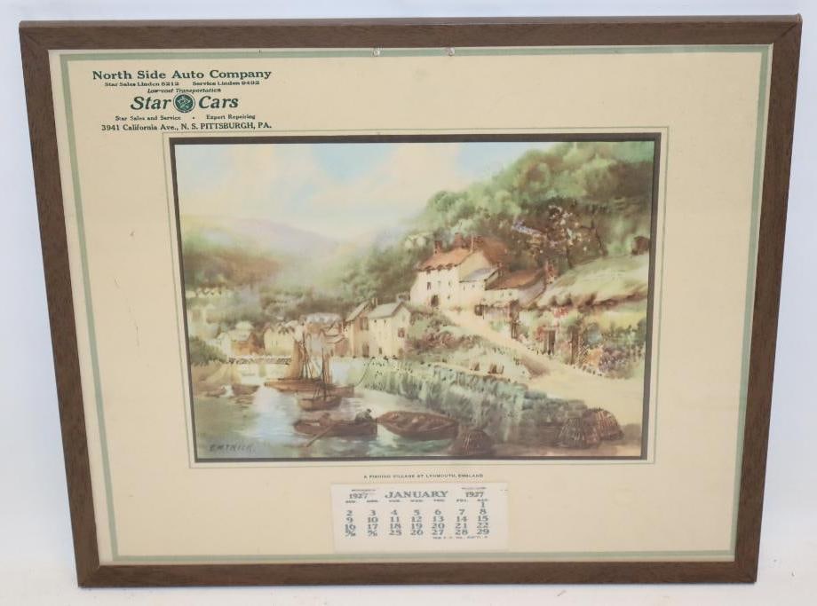 1927 Star Cars of Pittsburgh PA Advertising Calendar: It is in very good condition with only some minor discoloration. 12" x 14" and is framed.