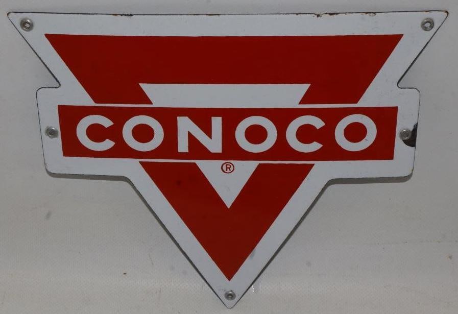 Conoco Porcelain SSP Rack Sign: This sign is in excellent overall condition with one small chip near a mounting hole. 7.5" x 8.5". Graded 9.